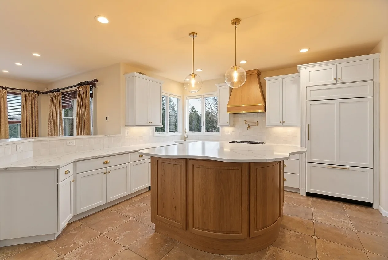 3D rendering — white cabinets with natural wood island